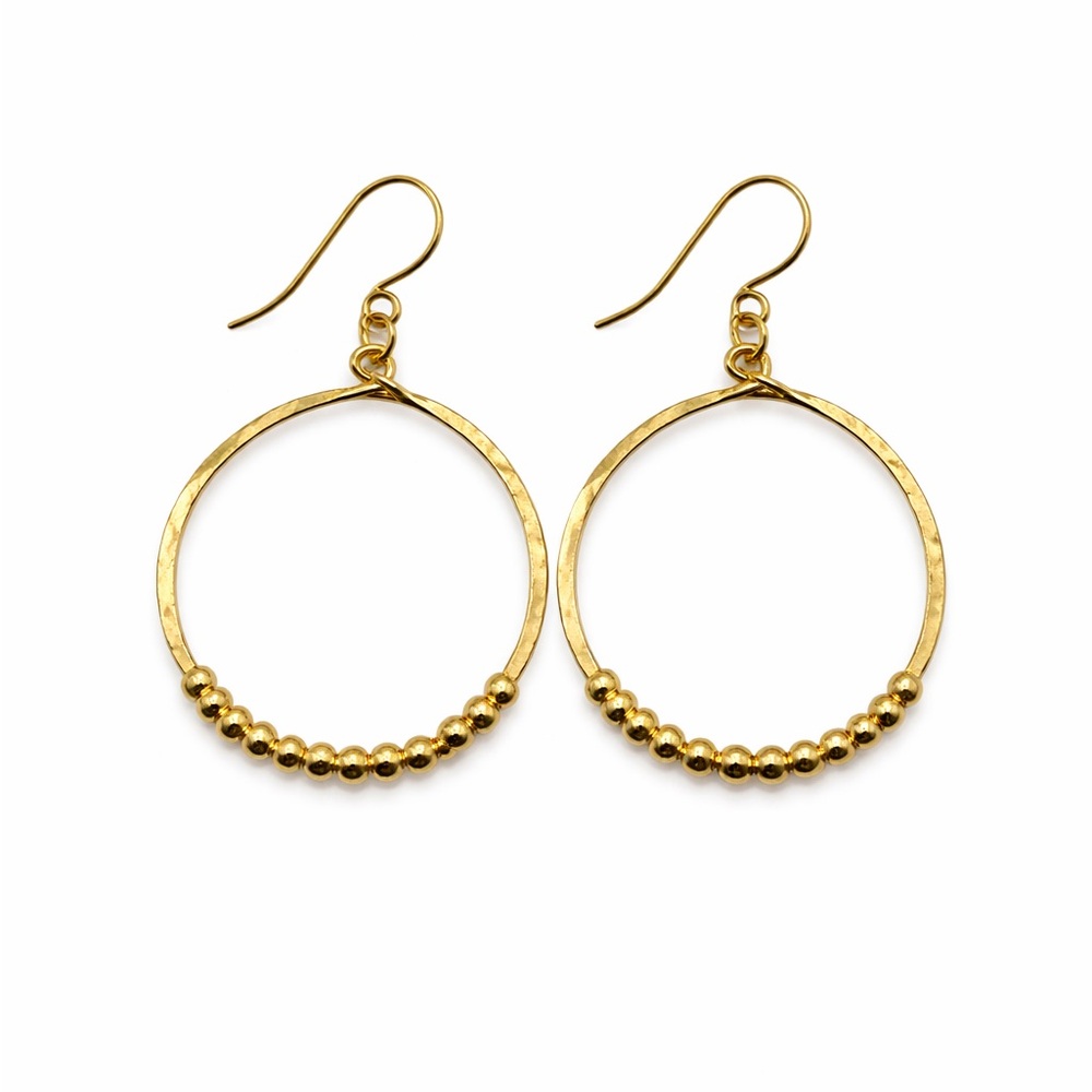 #8 Gold Handmade Hammered Circle w/ 9 Balls Dangle Earrings